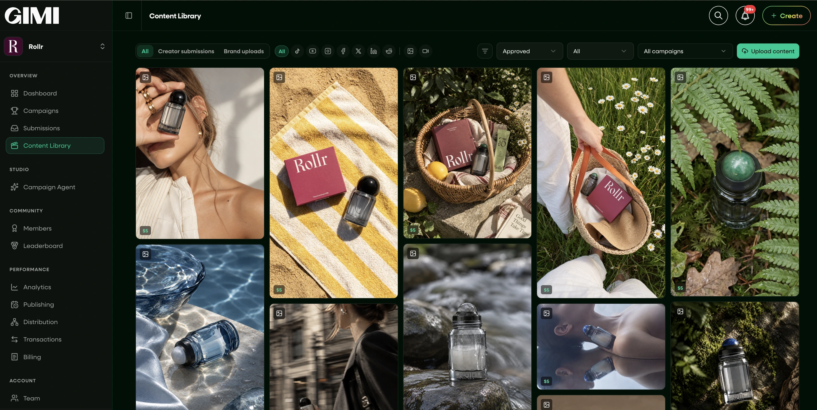 The GIMI brand workspace: Rollr's content library of approved creator photos, filterable by platform, status and campaign